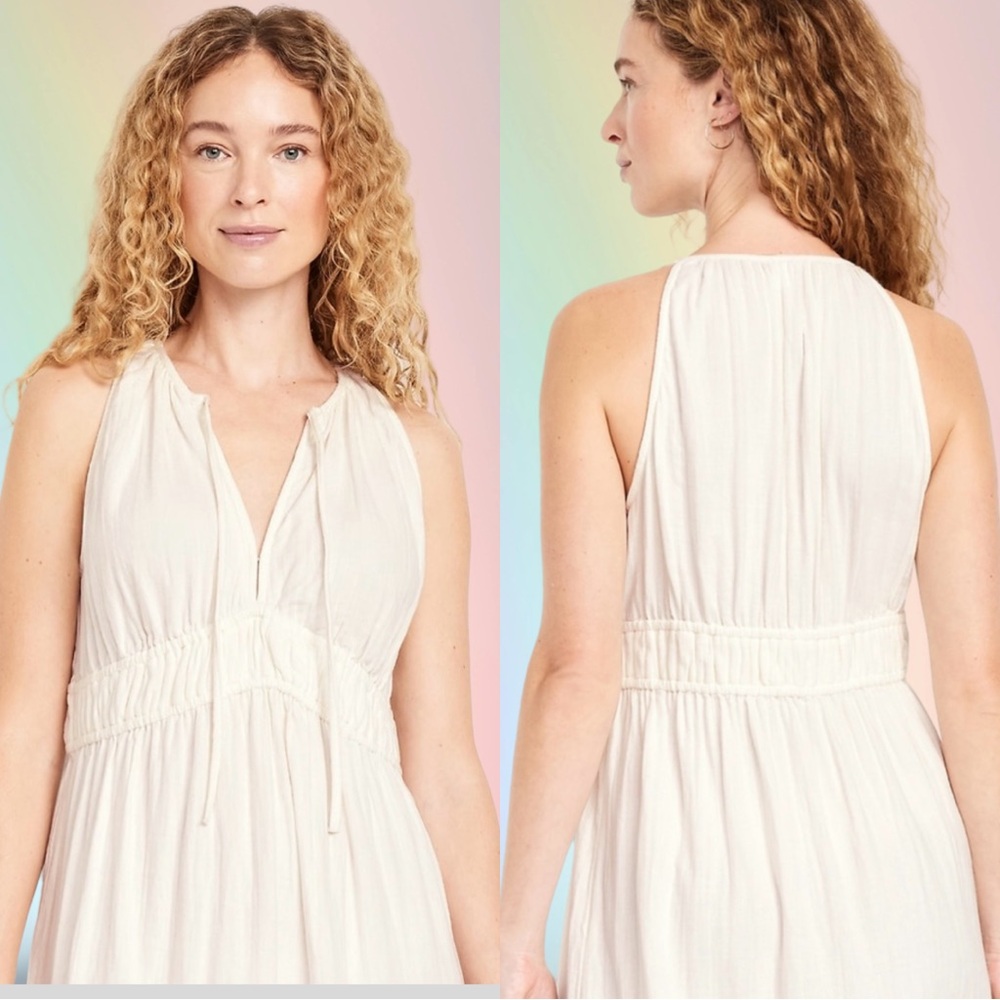Sleeveless Cream Maxi Dress with Drawstring Waist